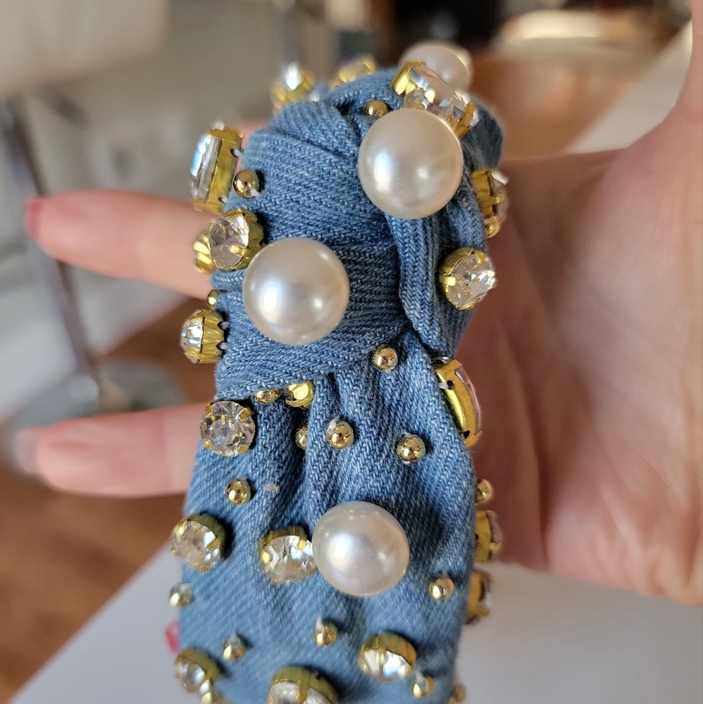 Lele Sadoughi Denim oversized pearls and crystals